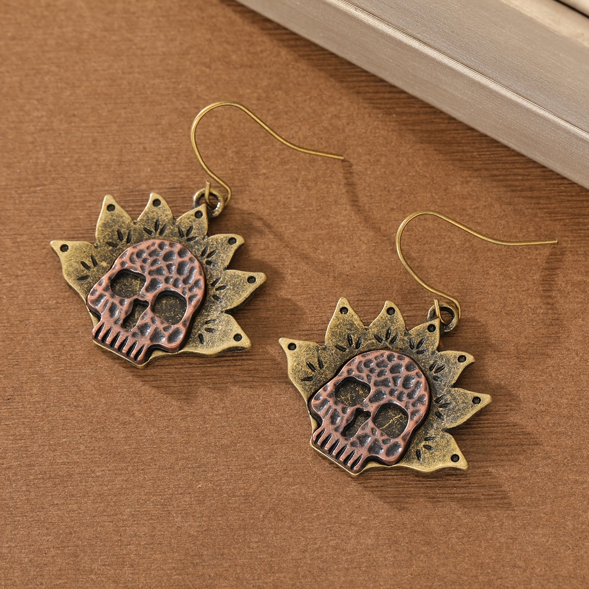 Vintage Distressed Skull Sun Pendant Earrings, Unique Gift for Friends